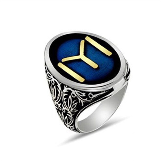 Men's sterling silver ring, oval blue color, engraved with the flag of the Kaya tribe - 1