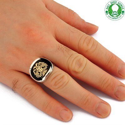 Men's sterling silver ring painted with the emblem of the Seljuk state with a double-headed eagle - 2