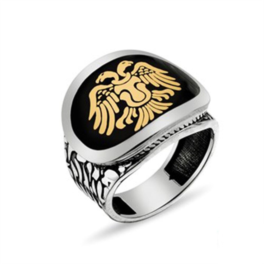 Men's sterling silver ring painted with the emblem of the Seljuk state with a double-headed eagle - 1