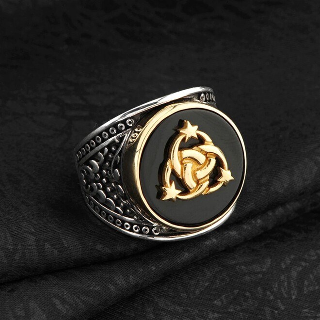 Men's sterling silver ring with a black agate stone inlaid with the inscription of the Ottoman coat of arms - 2