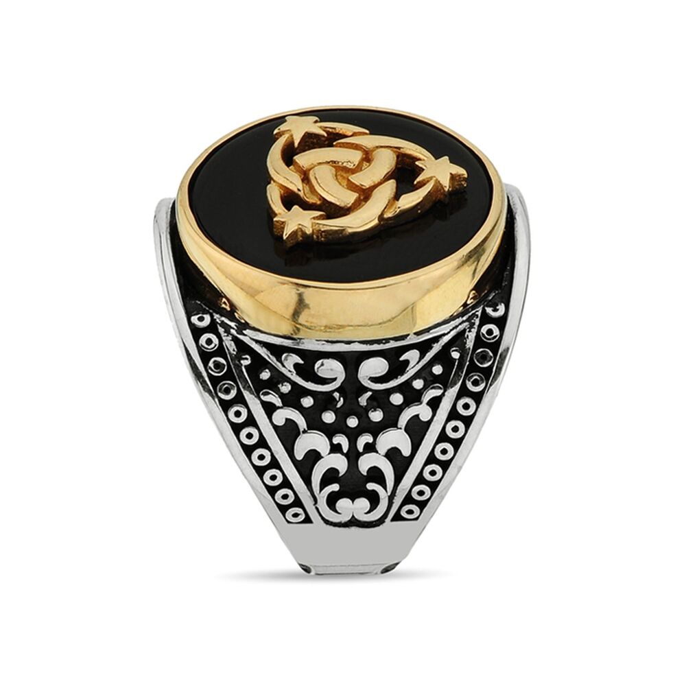 Men's sterling silver ring with a black agate stone inlaid with the inscription of the Ottoman coat of arms - 3