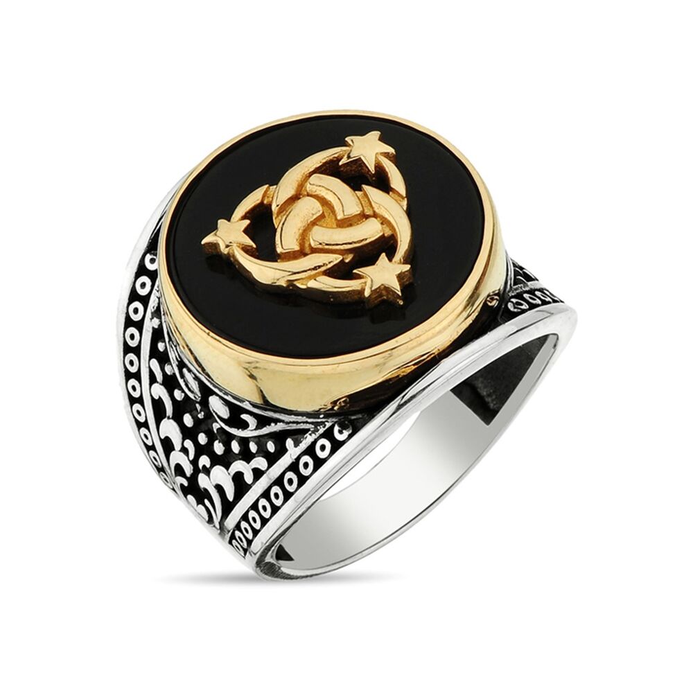 Men's sterling silver ring with a black agate stone inlaid with the inscription of the Ottoman coat of arms - 1