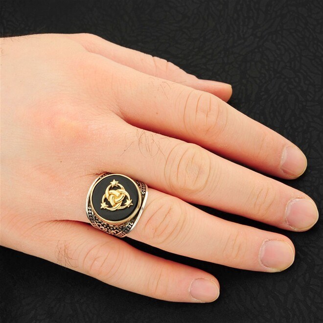 Men's sterling silver ring with a black agate stone inlaid with the inscription of the Ottoman coat of arms - 4