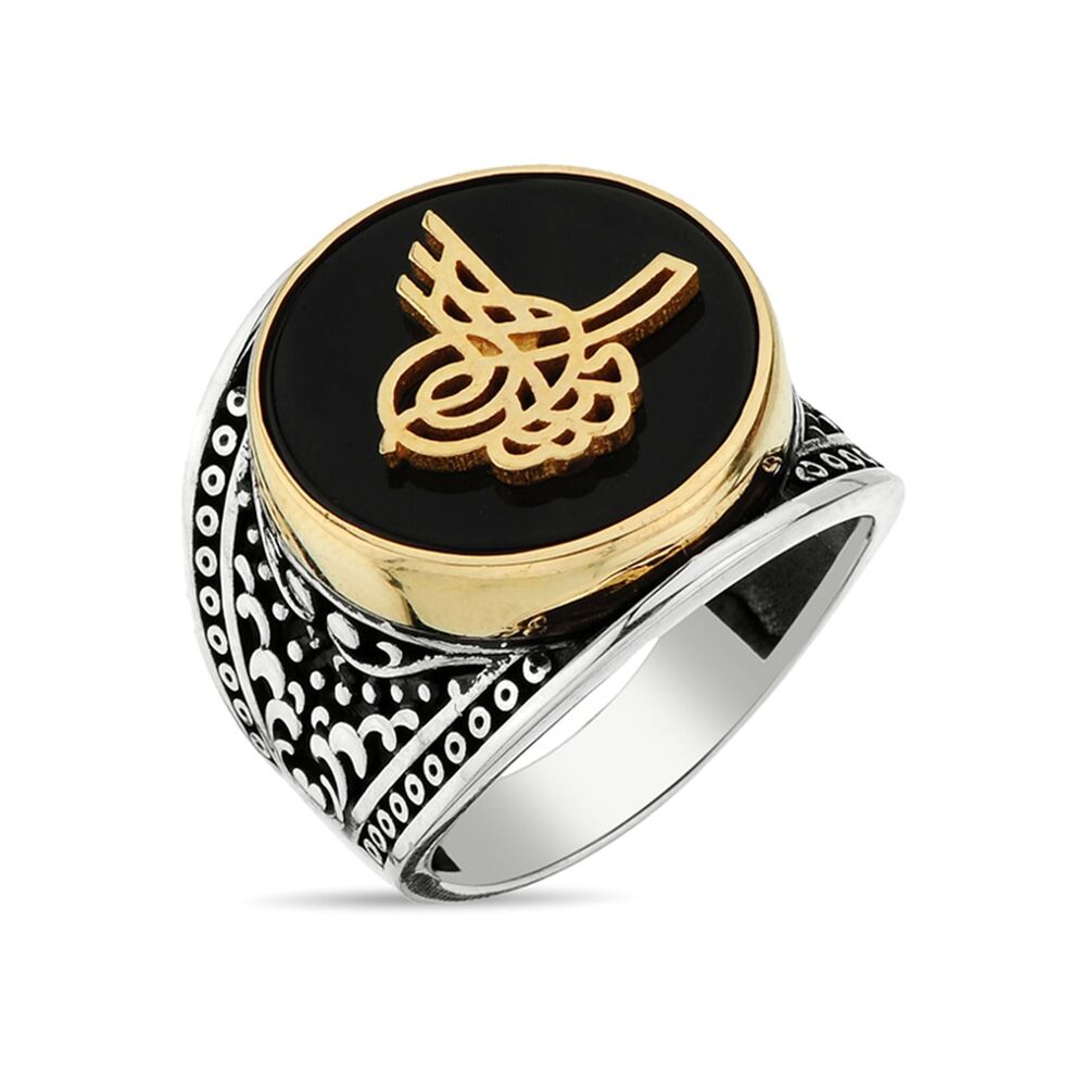 Men's sterling silver ring with a black agate stone inlaid with the inscription of the Ottoman Empire - 1