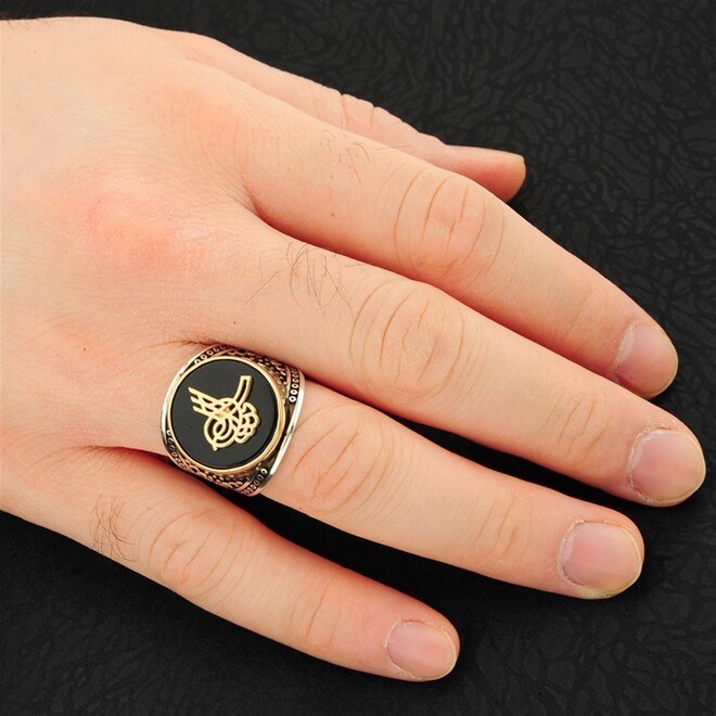 Men's sterling silver ring with a black agate stone inlaid with the inscription of the Ottoman Empire - 2