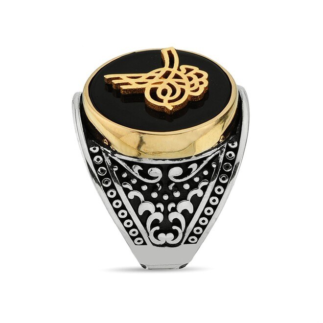 Men's sterling silver ring with a black agate stone inlaid with the inscription of the Ottoman Empire - 3