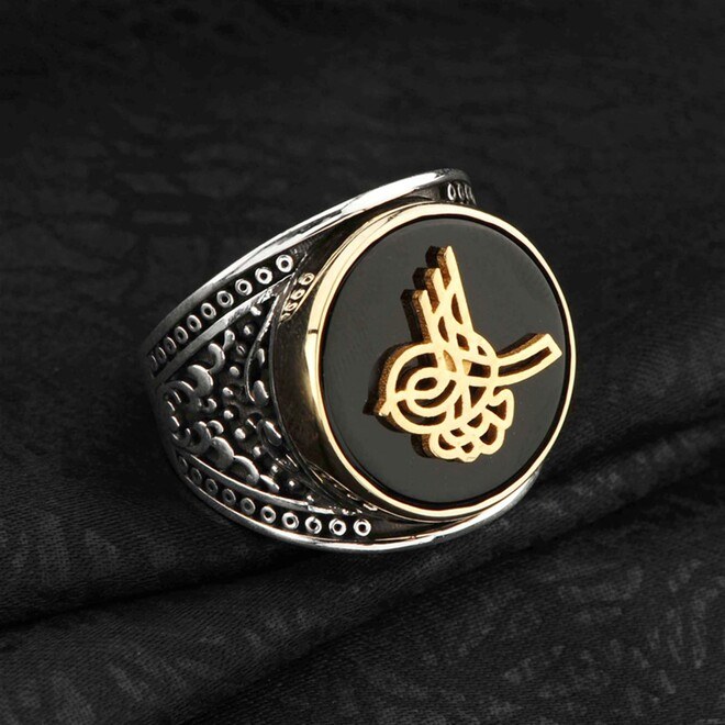 Men's sterling silver ring with a black agate stone inlaid with the inscription of the Ottoman Empire - 4