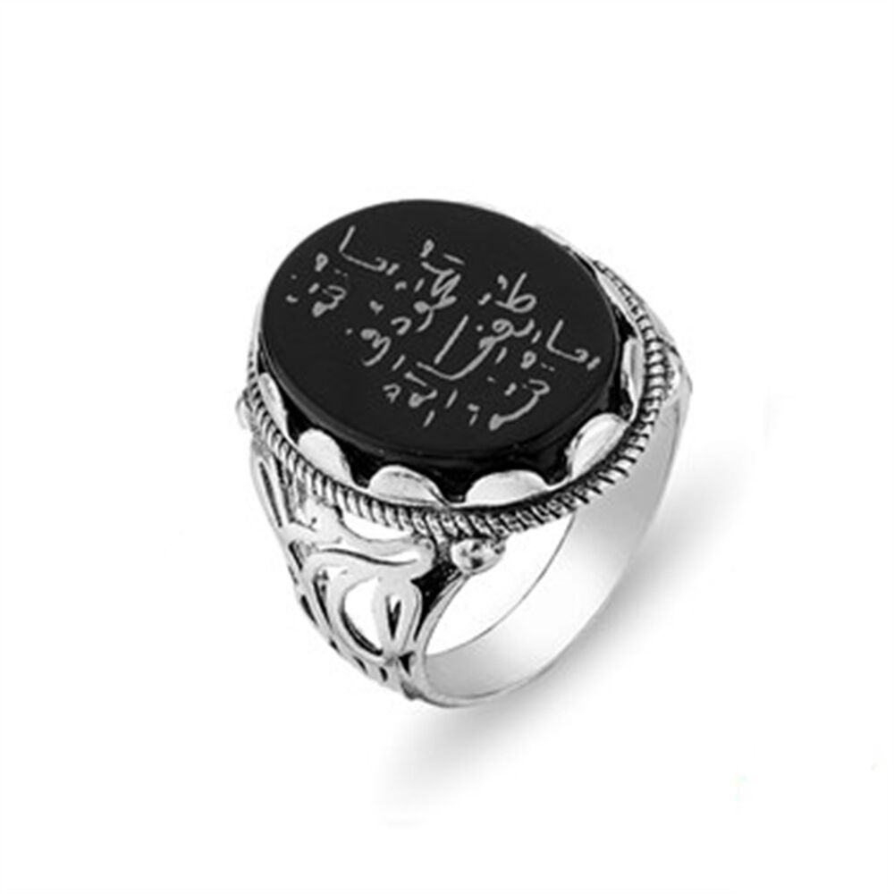 Men's sterling silver ring with black agate stone from Al-Arbini Al-Idrisi, printed on 3 of the honorable names - 1