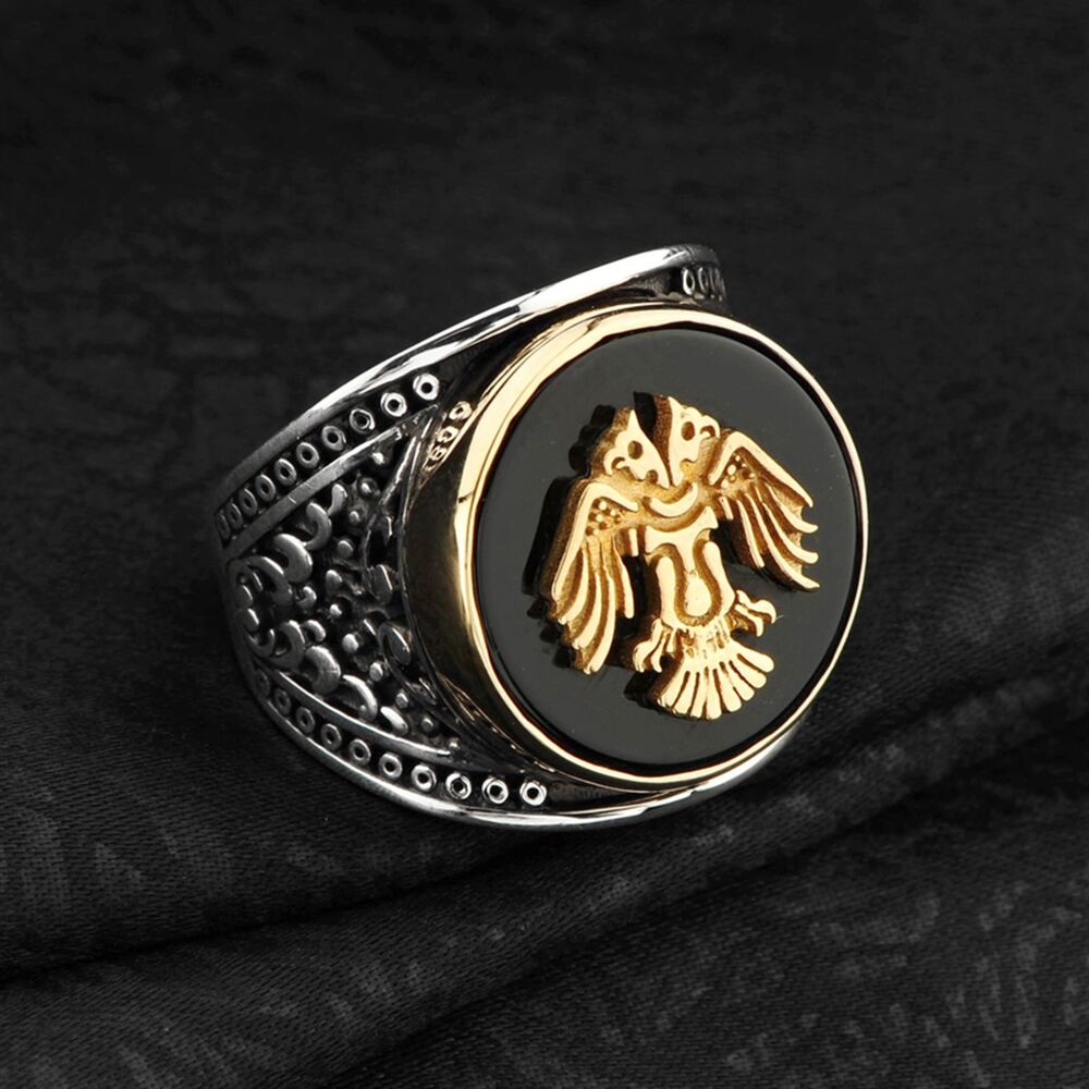 Men's sterling silver ring with black agate stone inlaid with the inscription of the Seljuk state - 2