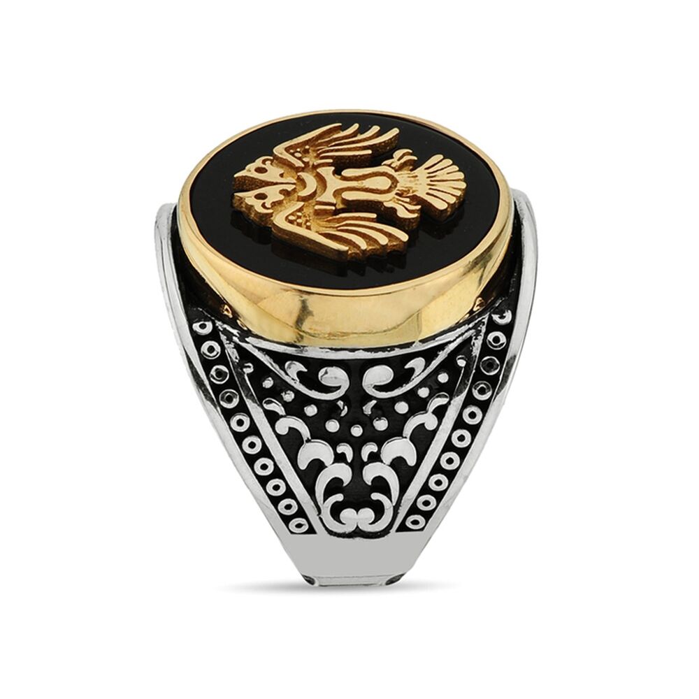 Men's sterling silver ring with black agate stone inlaid with the inscription of the Seljuk state - 3