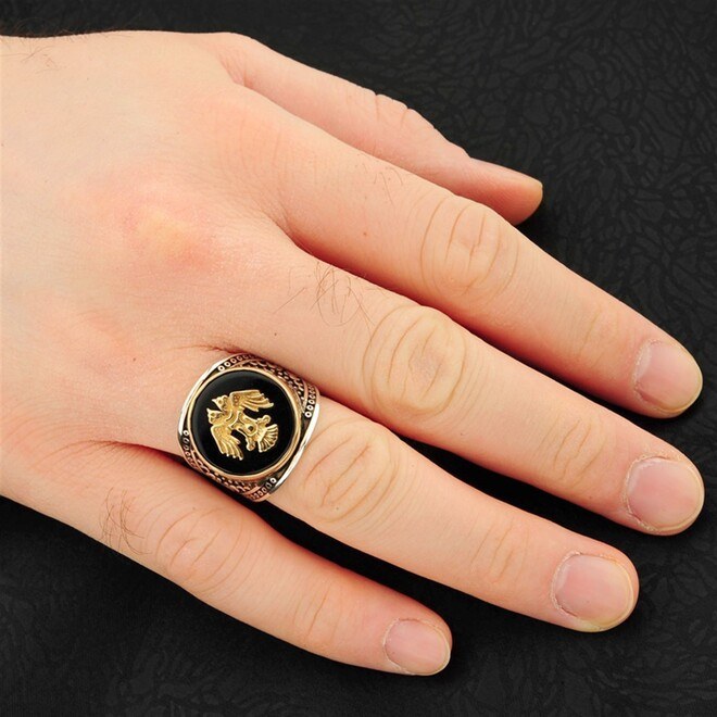 Men's sterling silver ring with black agate stone inlaid with the inscription of the Seljuk state - 4