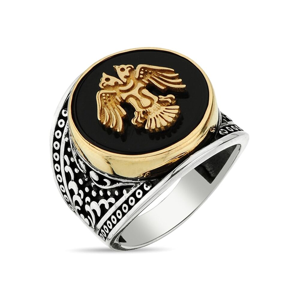 Men's sterling silver ring with black agate stone inlaid with the inscription of the Seljuk state - 1