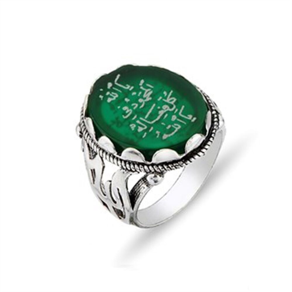 Men's sterling silver ring with green agate stone from Al-Arbini Al-Idrisi printed on it 3 of the honorable names - 1