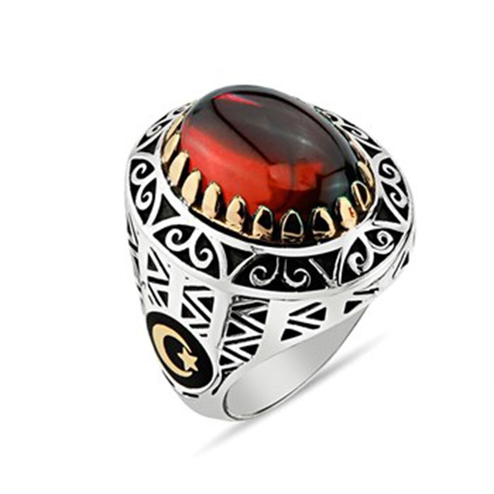 Men's sterling silver ring with red and green agate stone - 1