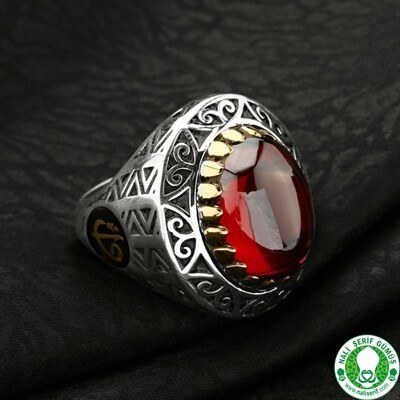 Men's sterling silver ring with red and green agate stone - 4