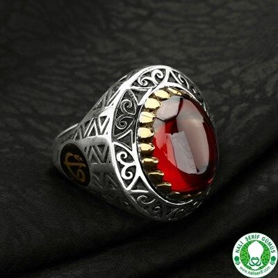 Men's sterling silver ring with red and green agate stone - 4