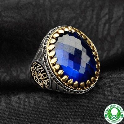 Men's sterling silver ring with Sapphire and Zircon stone engraved on the edges of the ring (Death is enough for a preacher) in Arabic - 2