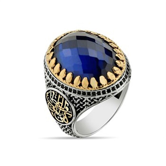 Men's sterling silver ring with Sapphire and Zircon stone engraved on the edges of the ring (Death is enough for a preacher) in Arabic - 1