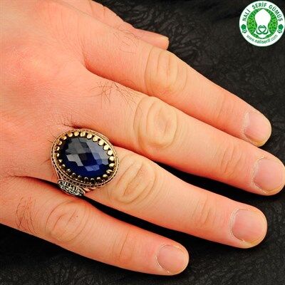 Men's sterling silver ring with Sapphire and Zircon stone engraved on the edges of the ring (Death is enough for a preacher) in Arabic - 4