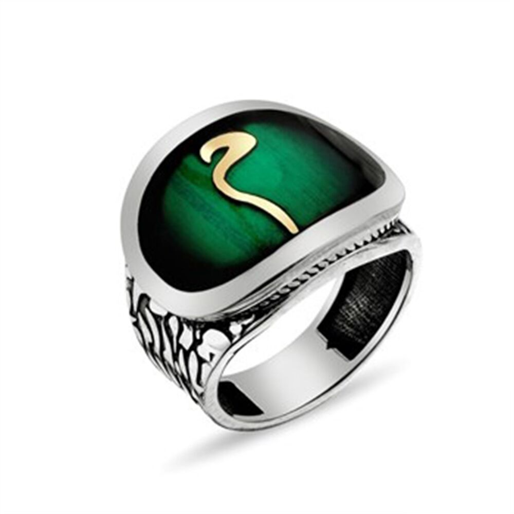 Men's sterling silver ring written on it letter M green color - 1