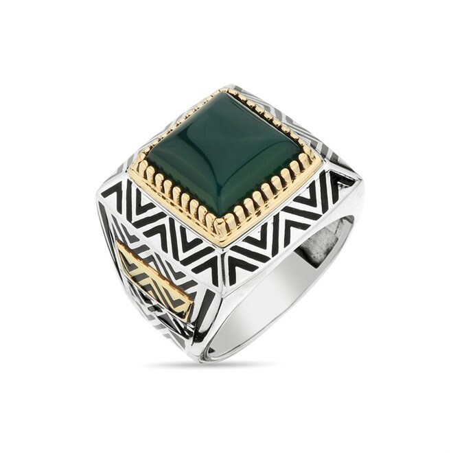 Men's sterling silver square-shaped ring covered with green agate - 1