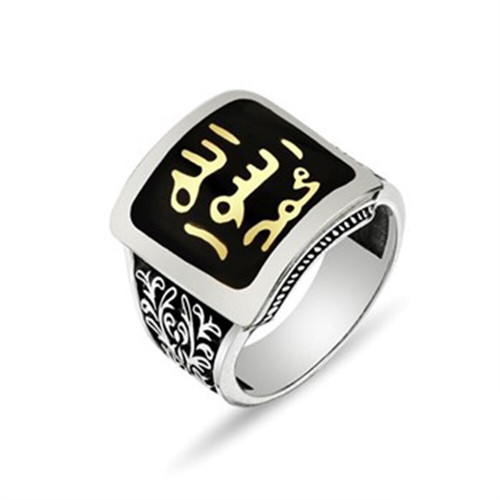 Men's sterling silver square-shaped ring engraved with the honorable dowry with enamel gemstones - 1