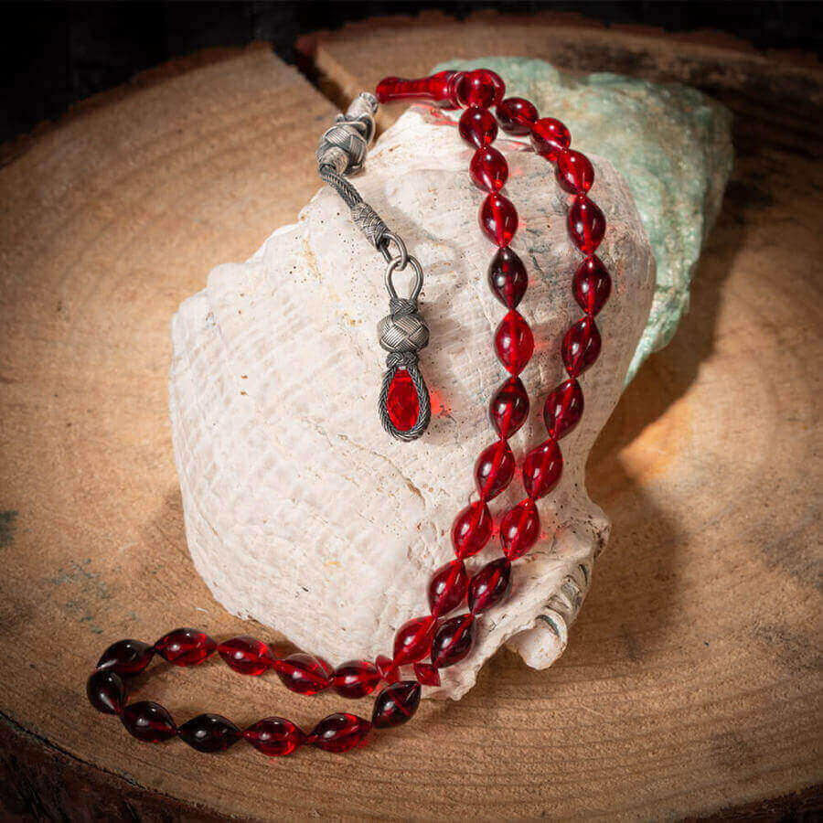 Mixed red color rosary made of pressed glass amber - 2