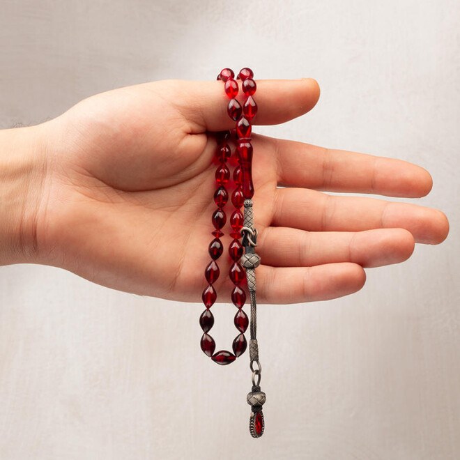 Mixed red color rosary made of pressed glass amber - 3