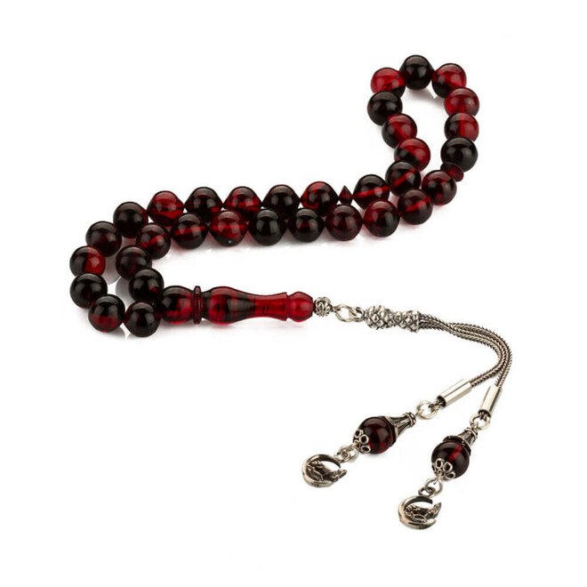 Mixed Red Pressed Amber rosary with two tassels bearing a Gray Wolf symbol - 1