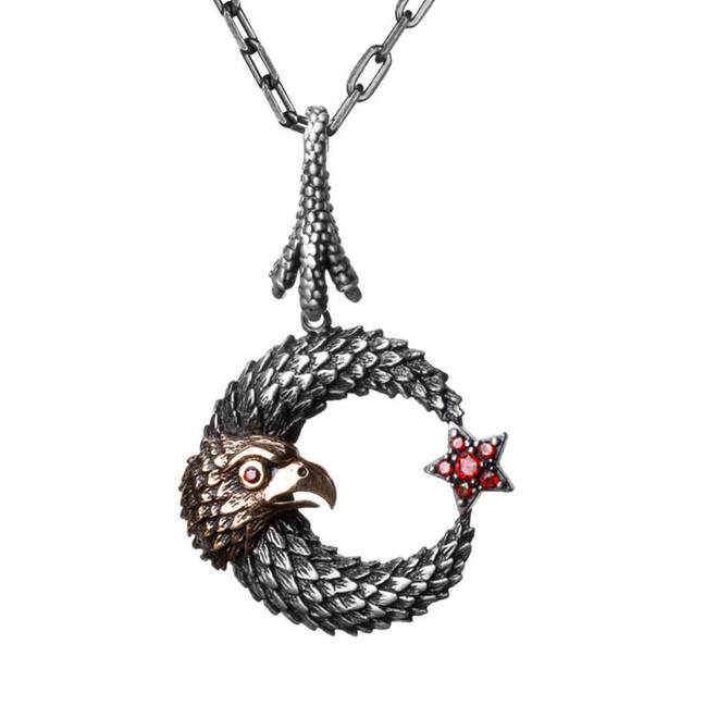 Moon Star Hawk Motif Red Stone Sterling Silver Men's Necklace - 1