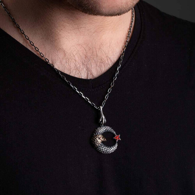 Moon Star Hawk Motif Red Stone Sterling Silver Men's Necklace - 3