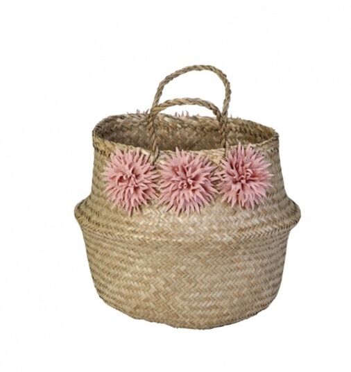 Natural straw foldable basket, with pink flowers - 1