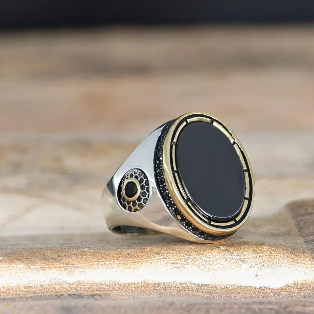 Tesbihevim Onyx Stone 925 Sterling Silver Men's Ring - 1