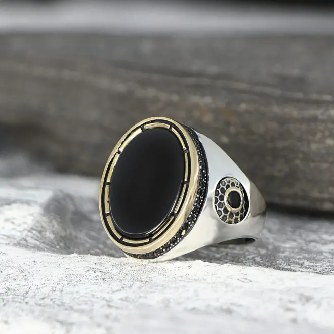 Tesbihevim Onyx Stone 925 Sterling Silver Men's Ring - 4