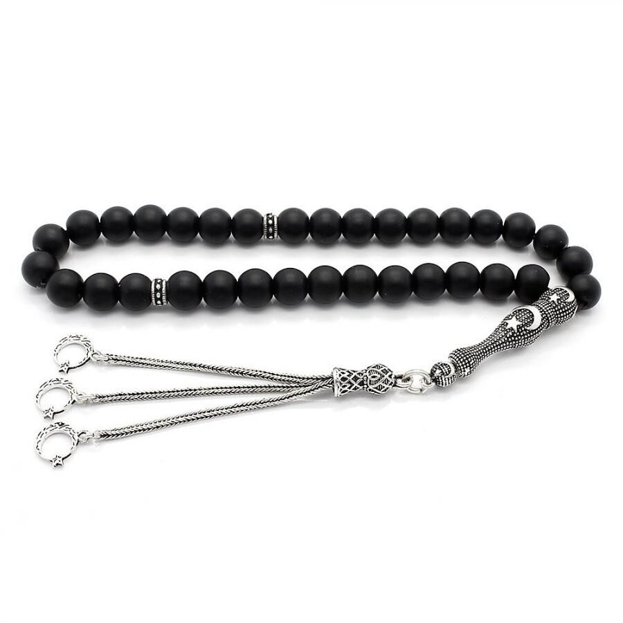 Onyx Stone Rosary with silver moon star designed tassel - 1