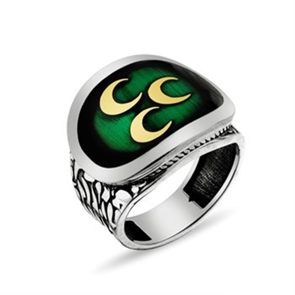 Ottoman flag green three crescent Sterling Silver Men - 1