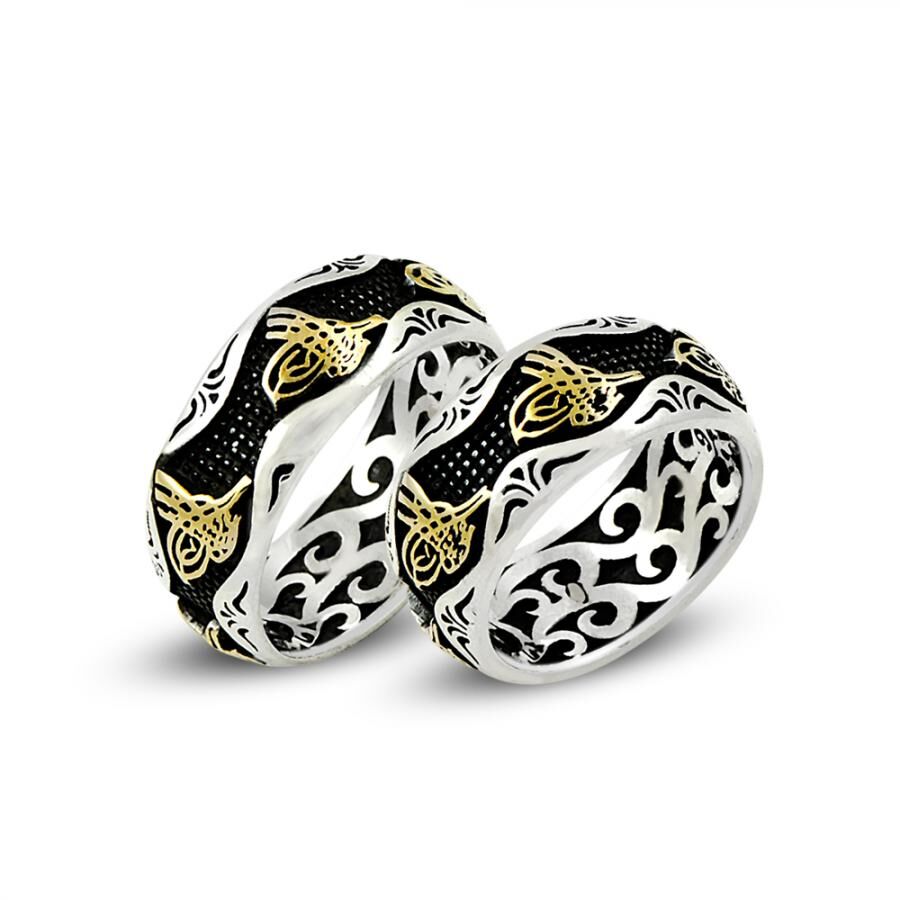 Ottoman Tugra Motif Silver Wedding Ring Pair - 1