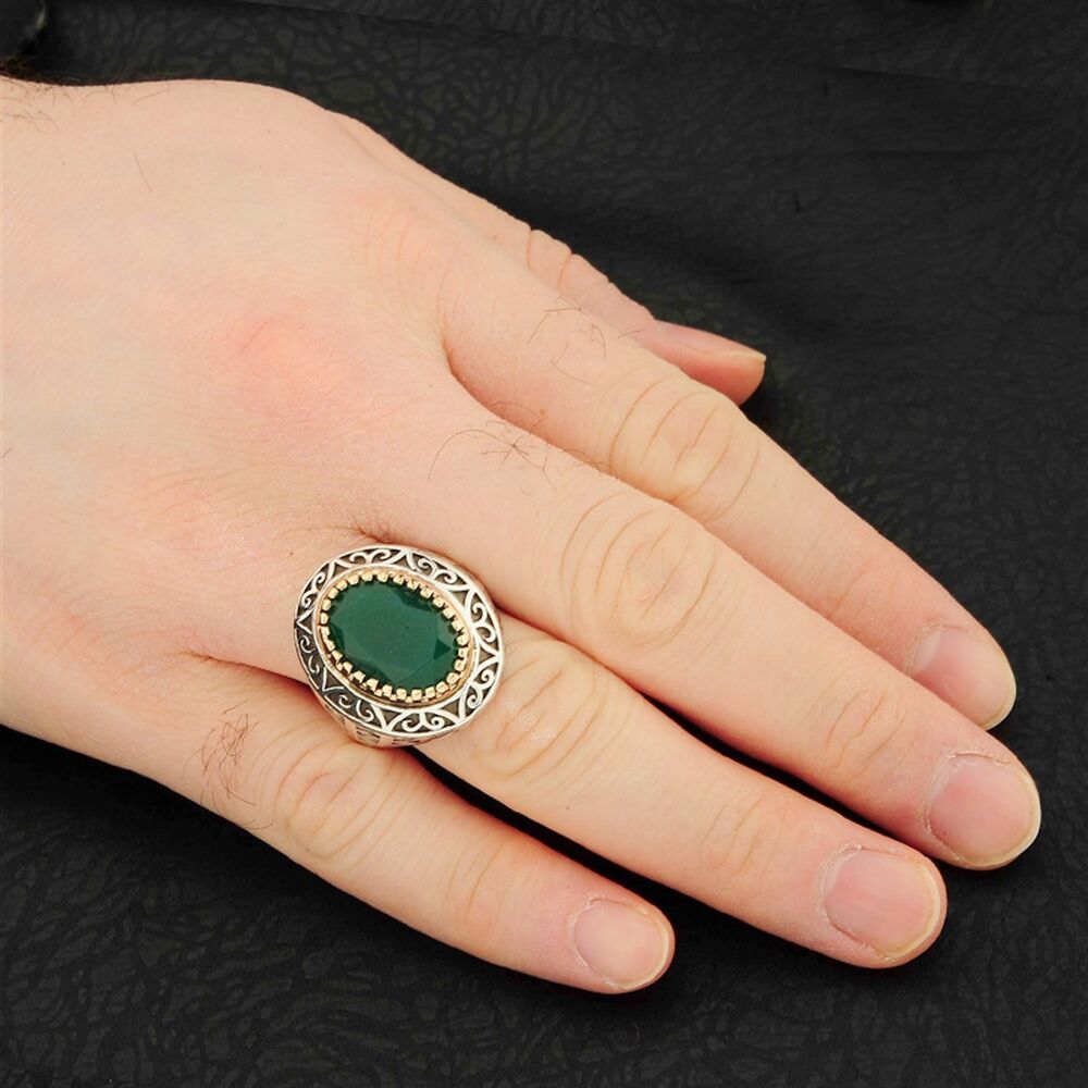 Oval Root Emerald Green Stone Sterling Silver Men's Ring - 2