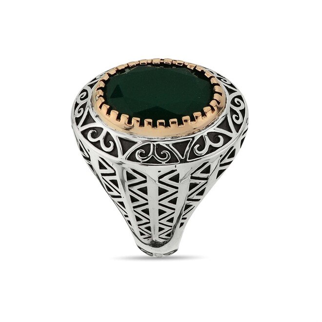 Oval Root Emerald Green Stone Sterling Silver Men's Ring - 3