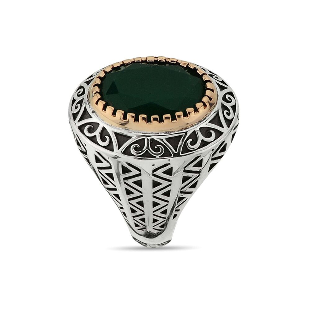 Oval Root Emerald Green Stone Sterling Silver Men's Ring - 3