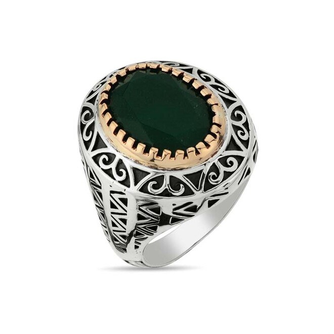 Oval Root Emerald Green Stone Sterling Silver Men's Ring - 1