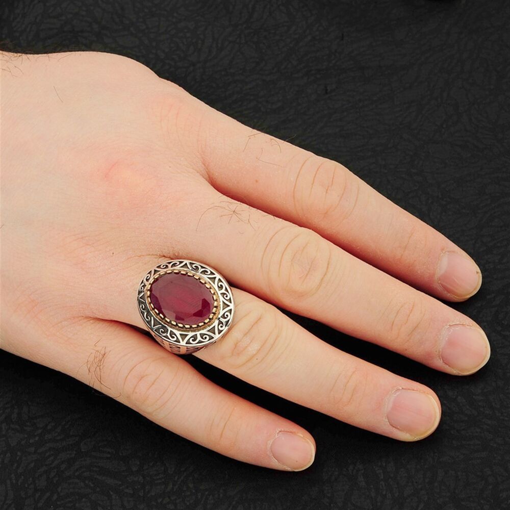 Oval Root Ruby Stone Sterling Silver Men's Ring - 2