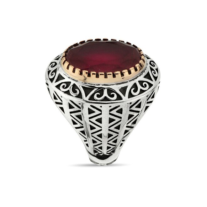 Oval Root Ruby Stone Sterling Silver Men's Ring - 3