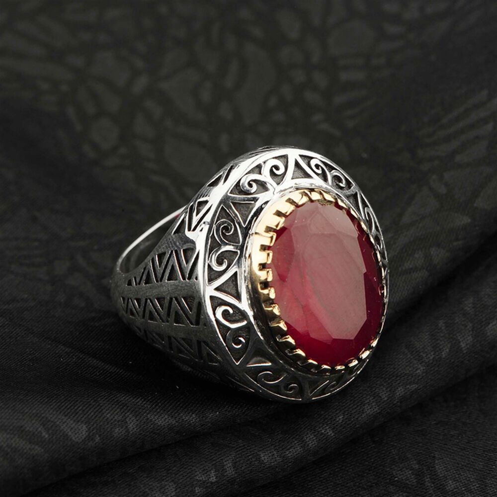 Oval Root Ruby Stone Sterling Silver Men's Ring - 1