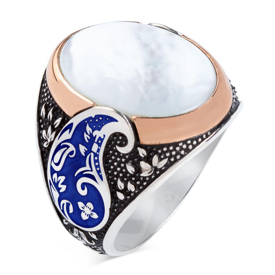 Oval White Pearl Stone Blue Symmetric Patterned Sterling Silver Men's Ring - 1