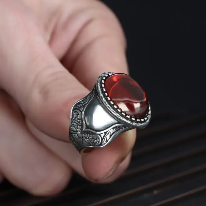 Tesbihevim Patterned Design Red Agate Stone 925 Sterling Silver Men's Ring - 1