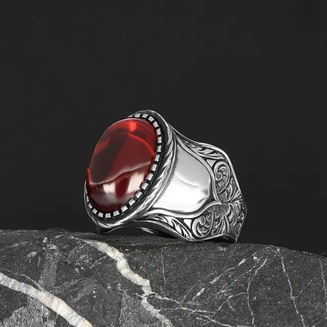 Tesbihevim Patterned Design Red Agate Stone 925 Sterling Silver Men's Ring - 2