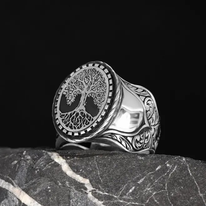 Tesbihevim Patterned Silver Ring with Tree of Life Symbol - 3