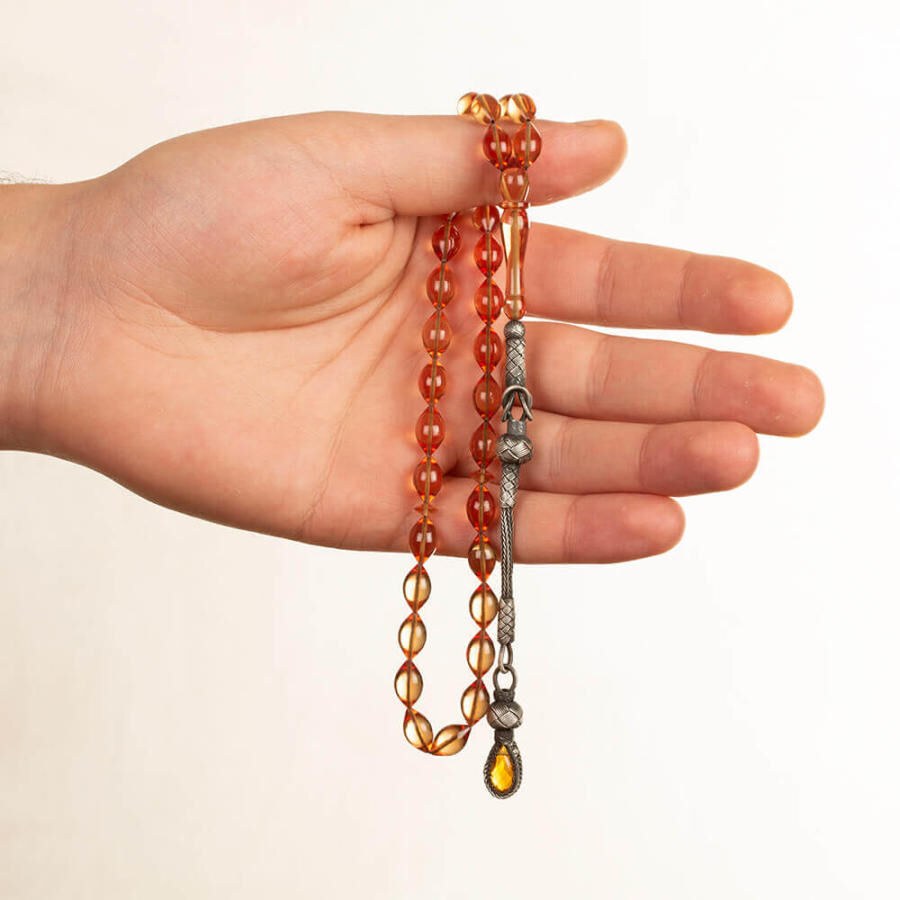 Pressed amber rosary cut using barley wood with a glass- ended tassel - 3