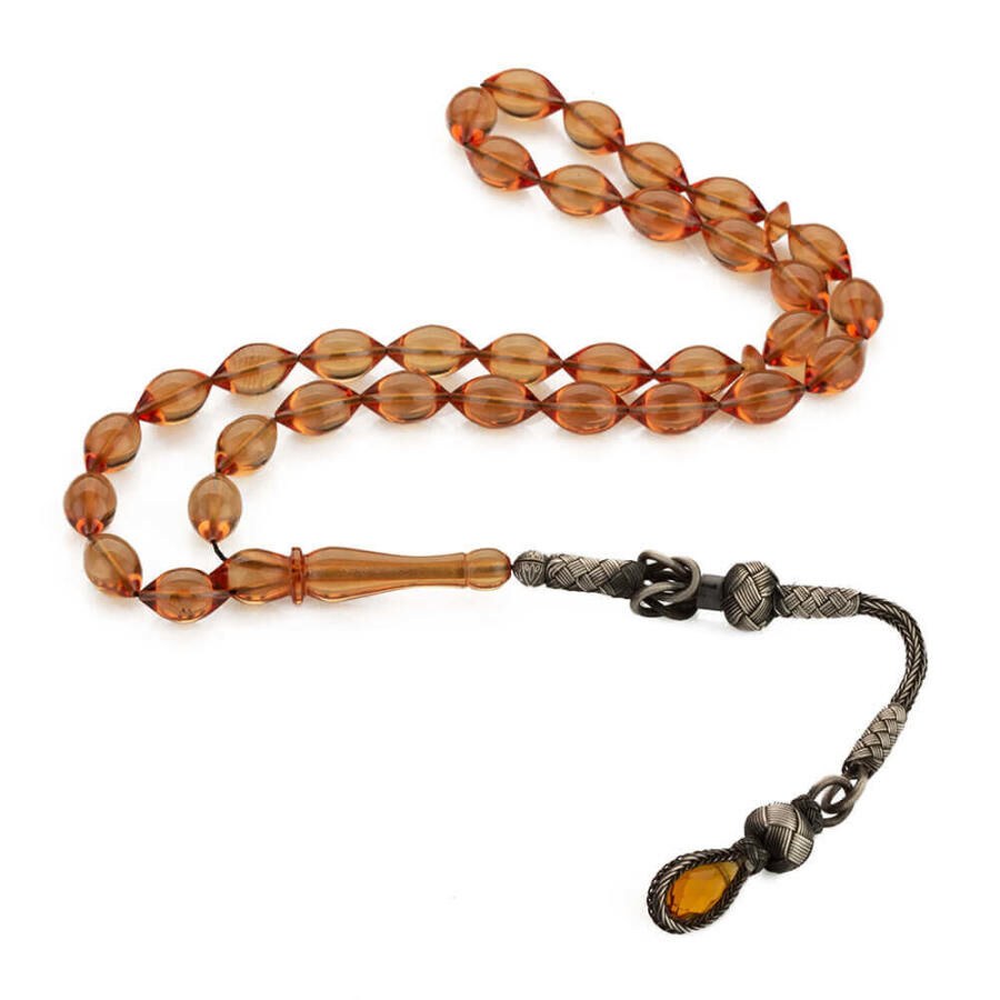 Pressed amber rosary cut using barley wood with a glass- ended tassel - 1